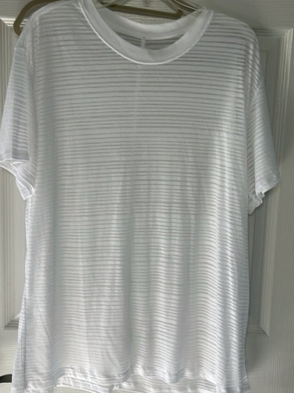 White Gray Stripe Semi‑Sheer Athletic Short Sleeve Tee Yoga Active Top Women’s